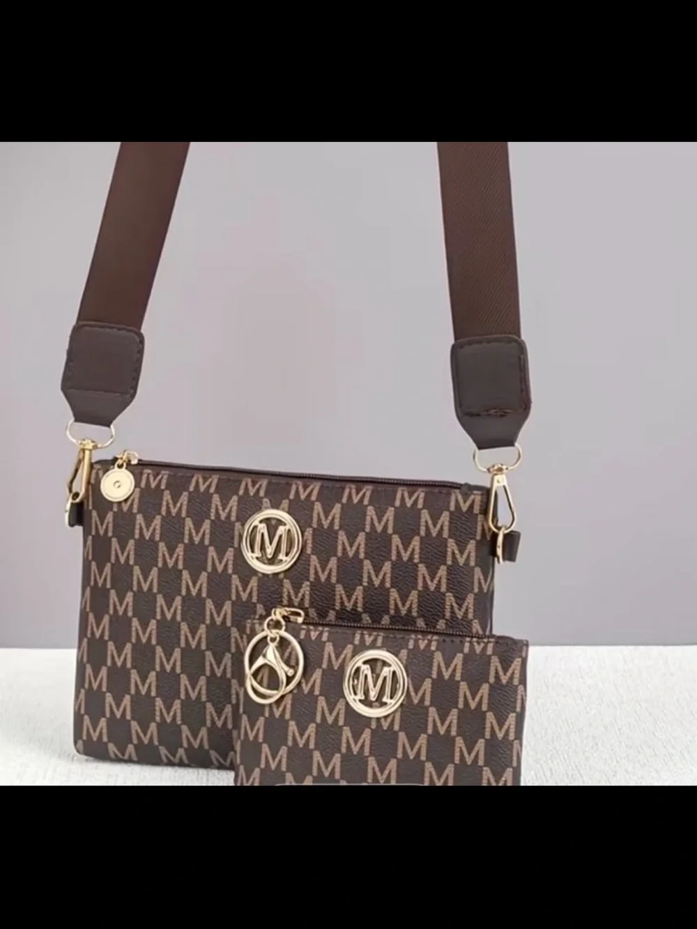 New! Women’s Letter-Pattern Crossbody/Shoulder Bag w/ Small Pouch. Tan & Brown